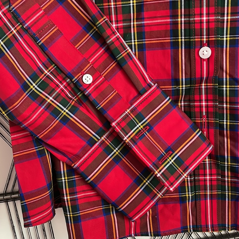 Lands' End No Iron Supima Red Tartan Plaid Long Sleeve Button up Shirt Size 12P - Picture 5 of 7